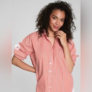SPANX Red Striped Button-Up Blouse